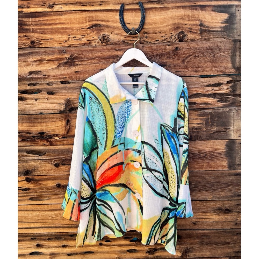ALI MILES | Printed Point Collar 3/4 Roll Tab Sleeve Button Front Tunic 3X